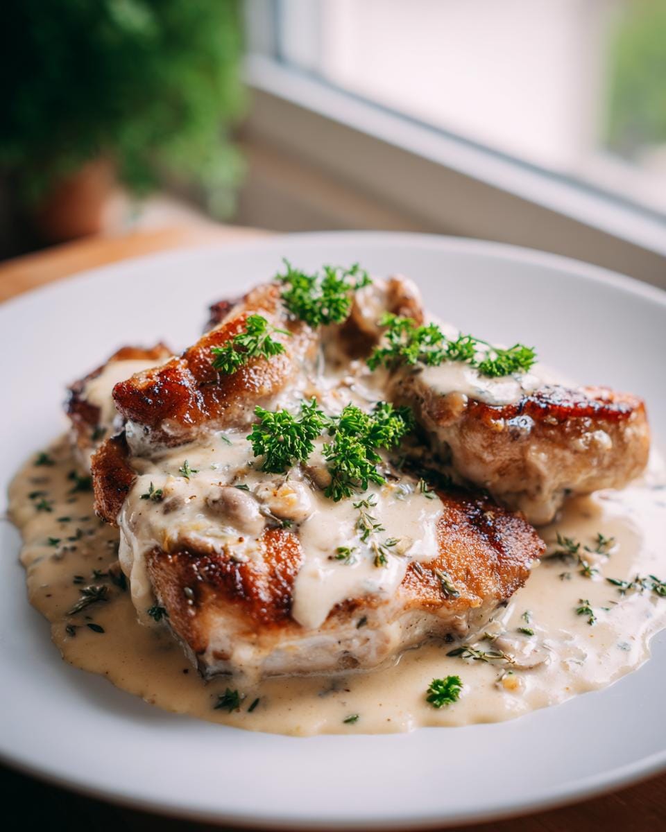 Close-up of pan-seared chicken breasts smothered in a rich creamy garlic sauce, garnished with fresh parsley and thyme.