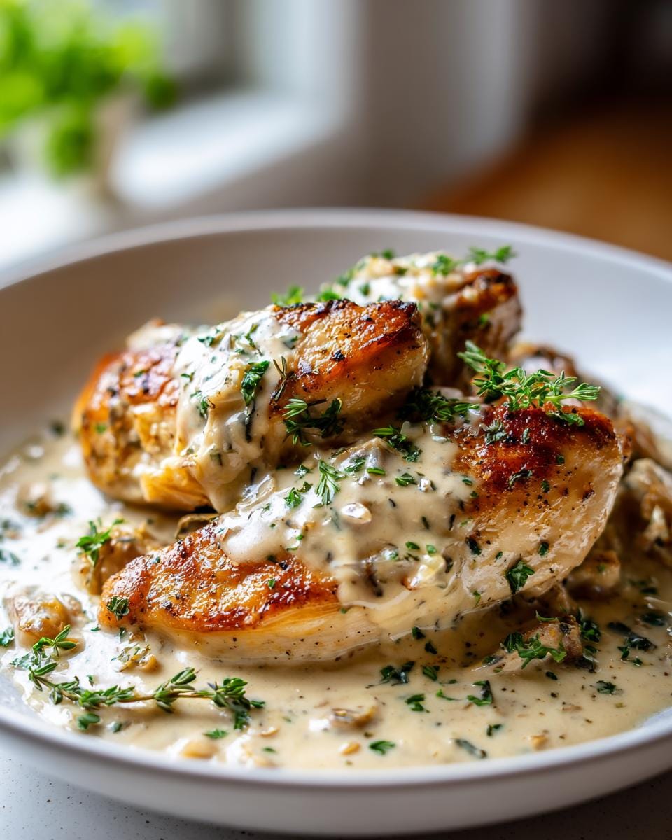 Close-up of pan-seared creamy garlic chicken breasts in a rich sauce, garnished with fresh herbs.