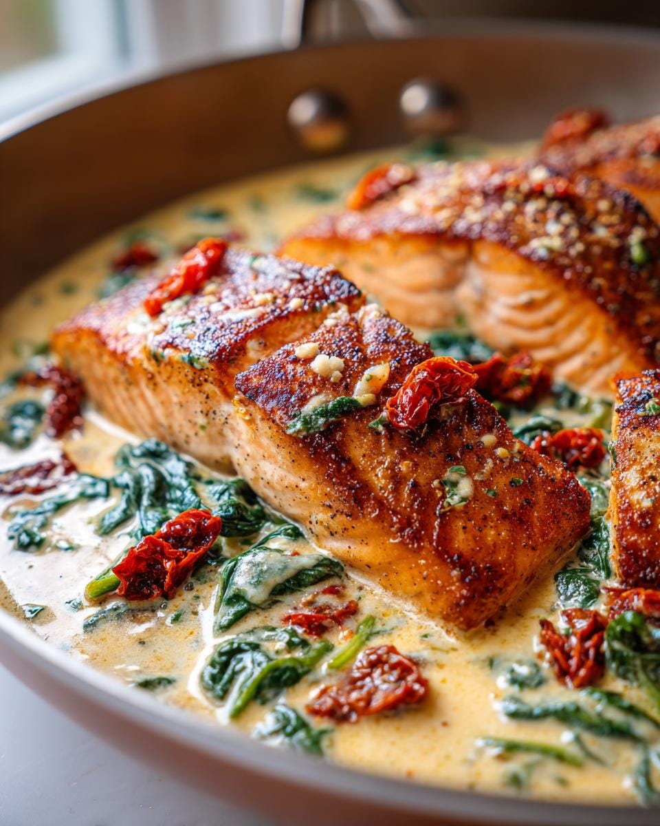 Close-up of pan-seared salmon fillets in a creamy Tuscan sauce with spinach and sun-dried tomatoes.