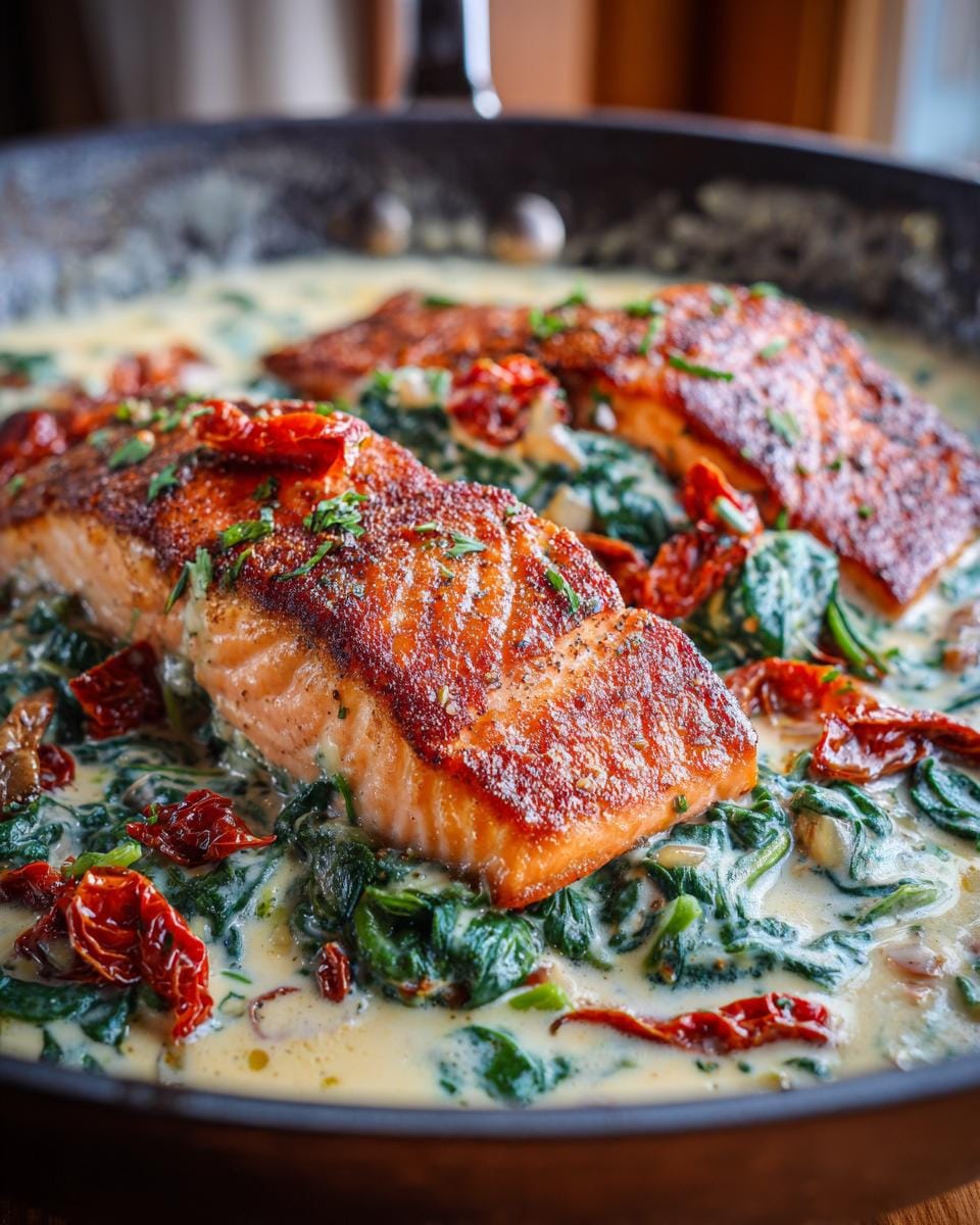 Close-up of two pan-seared salmon fillets in a creamy sauce with spinach and sun-dried tomatoes.