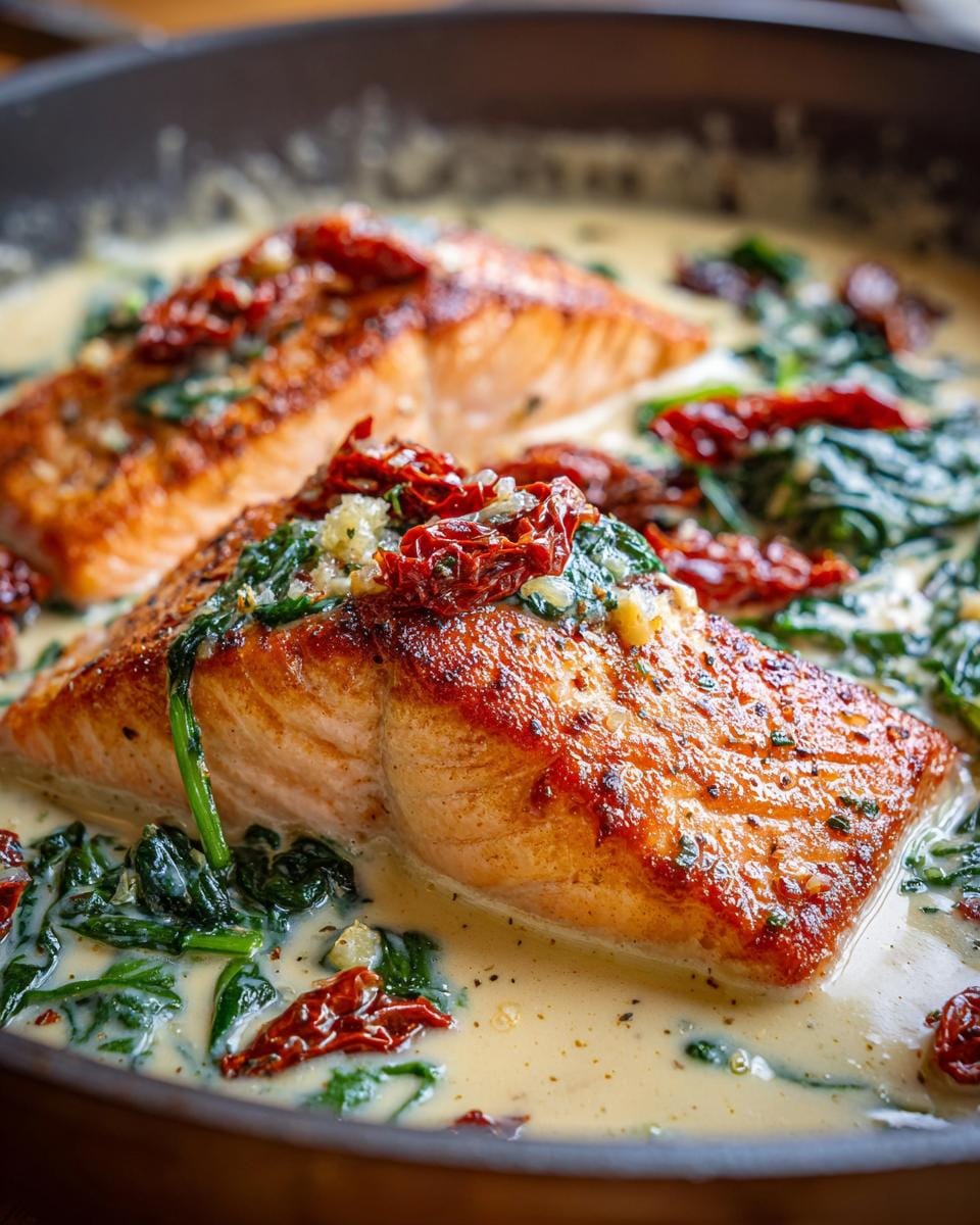 Close-up of pan-seared salmon fillets in a creamy Tuscan sauce with spinach and sun-dried tomatoes.