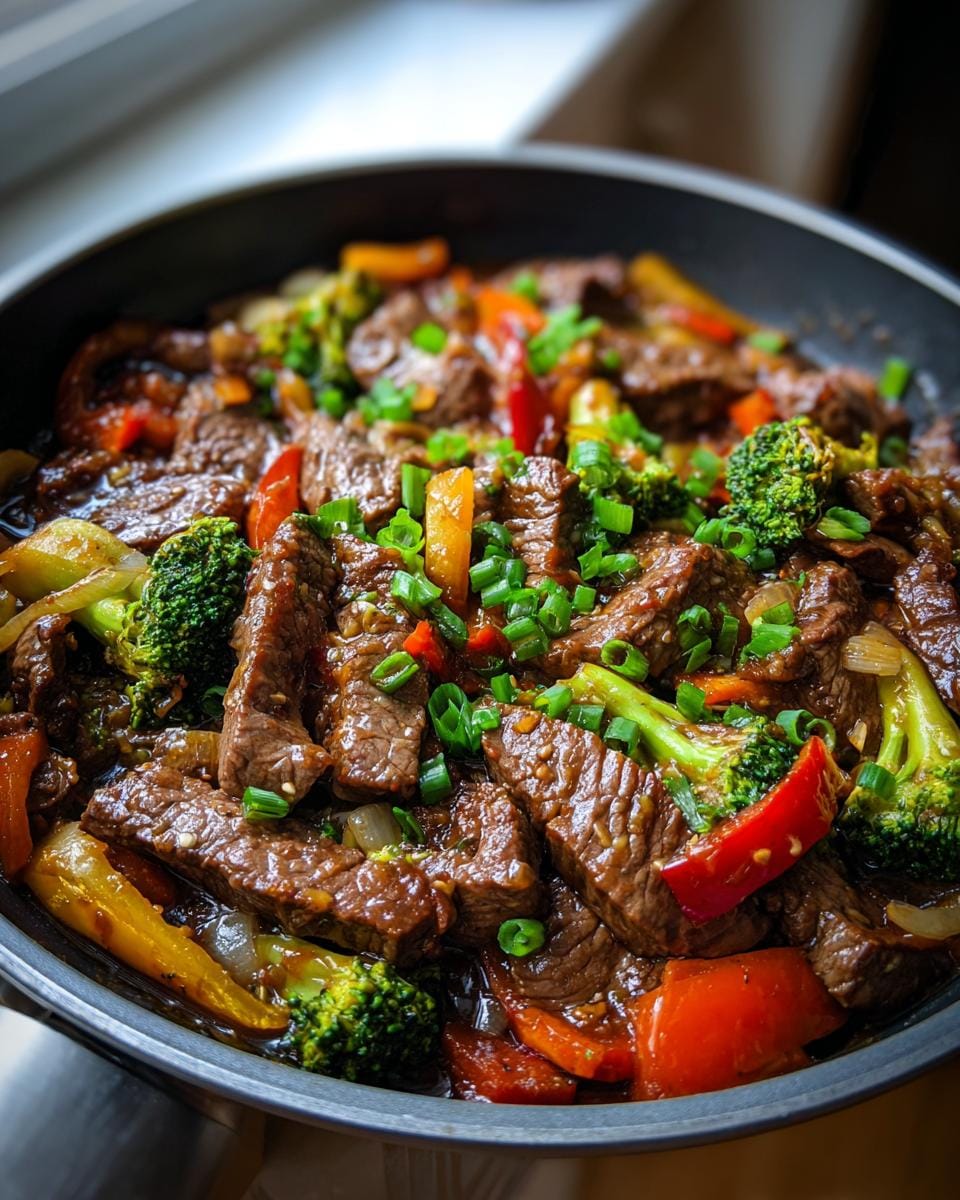 Close-up of a pan filled with a delicious garlic beef stir fry, featuring tender beef strips, broccoli florets, red bell peppers, and onions, garnished with chopped green onions.