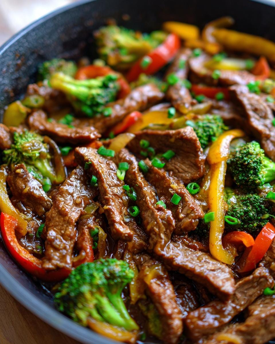 Close-up of a pan filled with tender slices of garlic beef stir fry, broccoli, red and yellow bell peppers, and green onions.