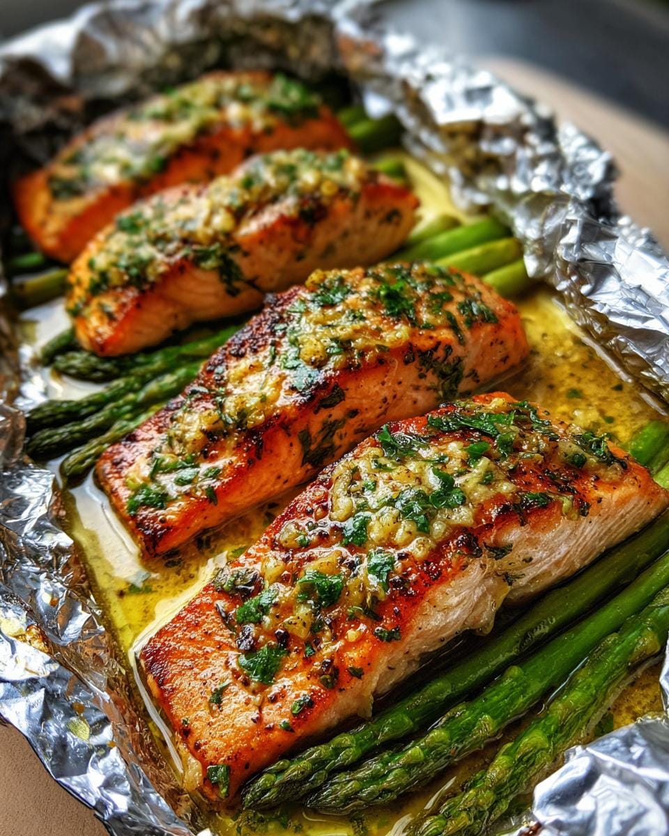 Close-up of four fillets of garlic butter salmon in foil with asparagus, glistening with butter and herbs.