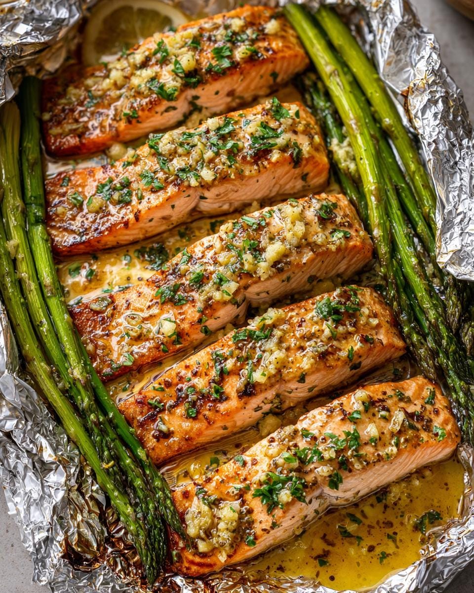 Five fillets of garlic butter salmon in foil with asparagus, glistening with sauce and topped with parsley.