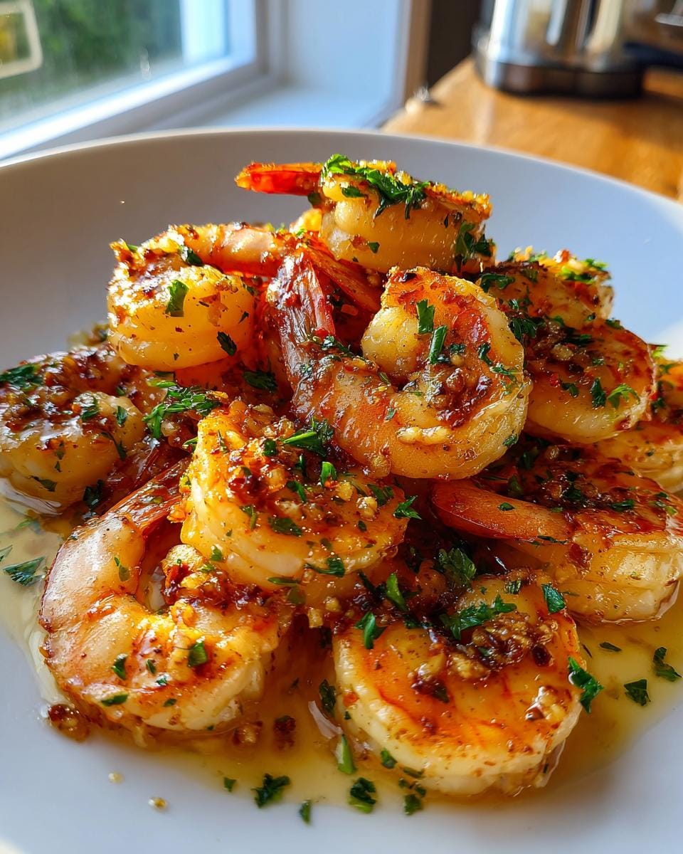 A close-up of a pile of glistening Garlic Butter Shrimp, topped with fresh parsley and served in a white bowl.