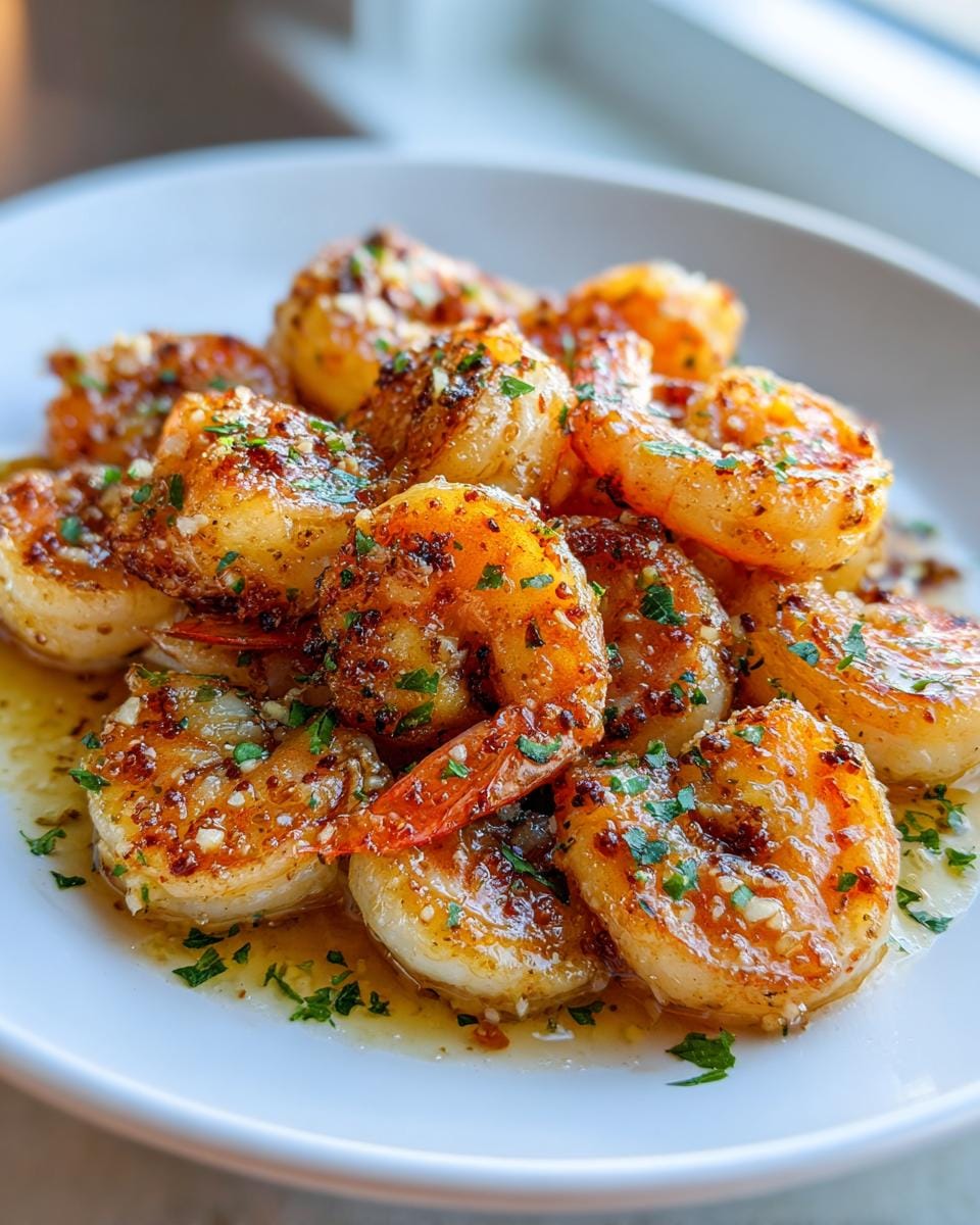 Close-up of a plate filled with juicy Garlic Butter Shrimp, glistening with sauce and sprinkled with fresh parsley.