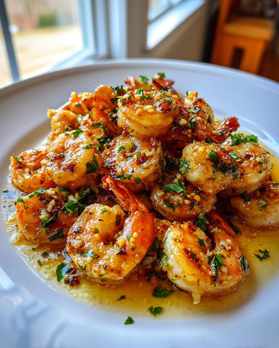 A close-up of a white plate piled high with glistening Garlic Butter Shrimp, garnished with fresh parsley.
