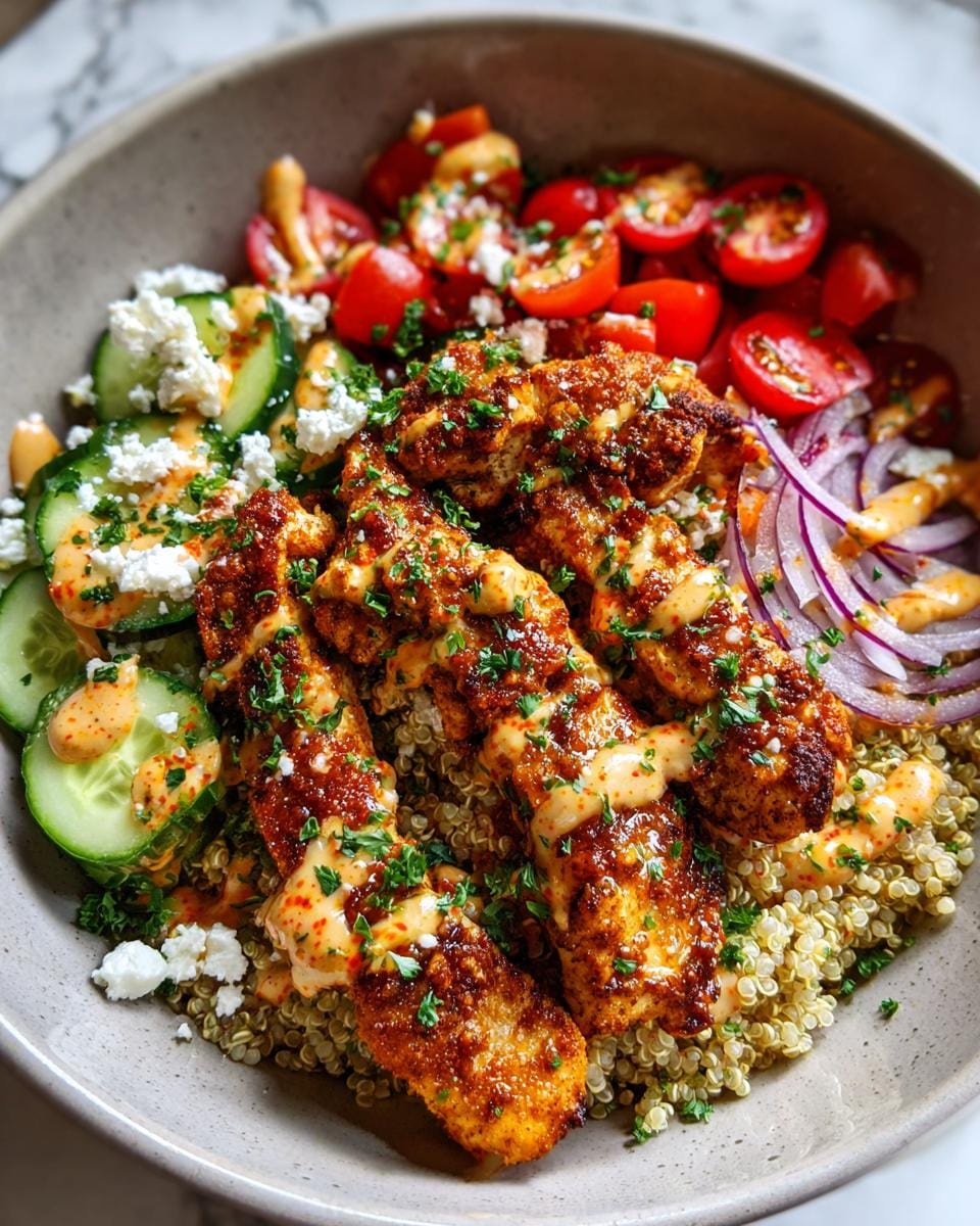 A close-up of a Greek Chicken Bowl featuring seasoned chicken strips over quinoa, with cucumber, tomatoes, red onion, and feta.