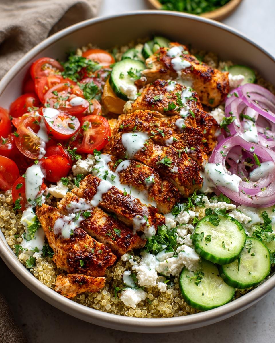 Close-up of a vibrant Greek Chicken Bowl with seasoned chicken, quinoa, cherry tomatoes, cucumber, red onion, and feta cheese, drizzled with sauce.