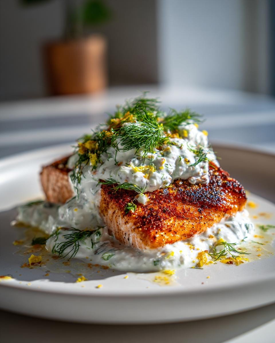 A perfectly cooked fillet of Greek salmon topped with creamy tzatziki sauce and fresh dill.