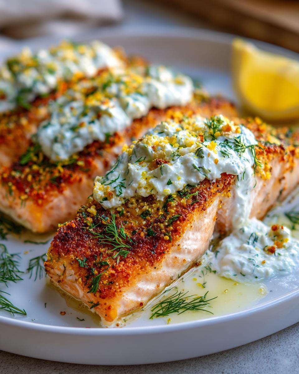Close-up of flaky Greek salmon fillets topped with creamy tzatziki sauce and fresh dill.