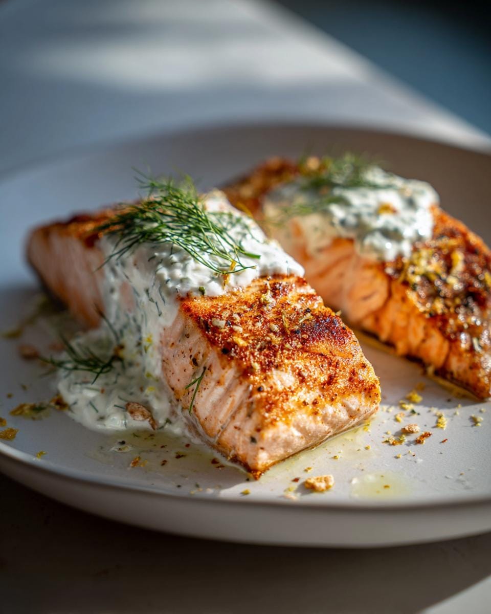 Two perfectly cooked fillets of Greek salmon topped with creamy tzatziki sauce and fresh dill.