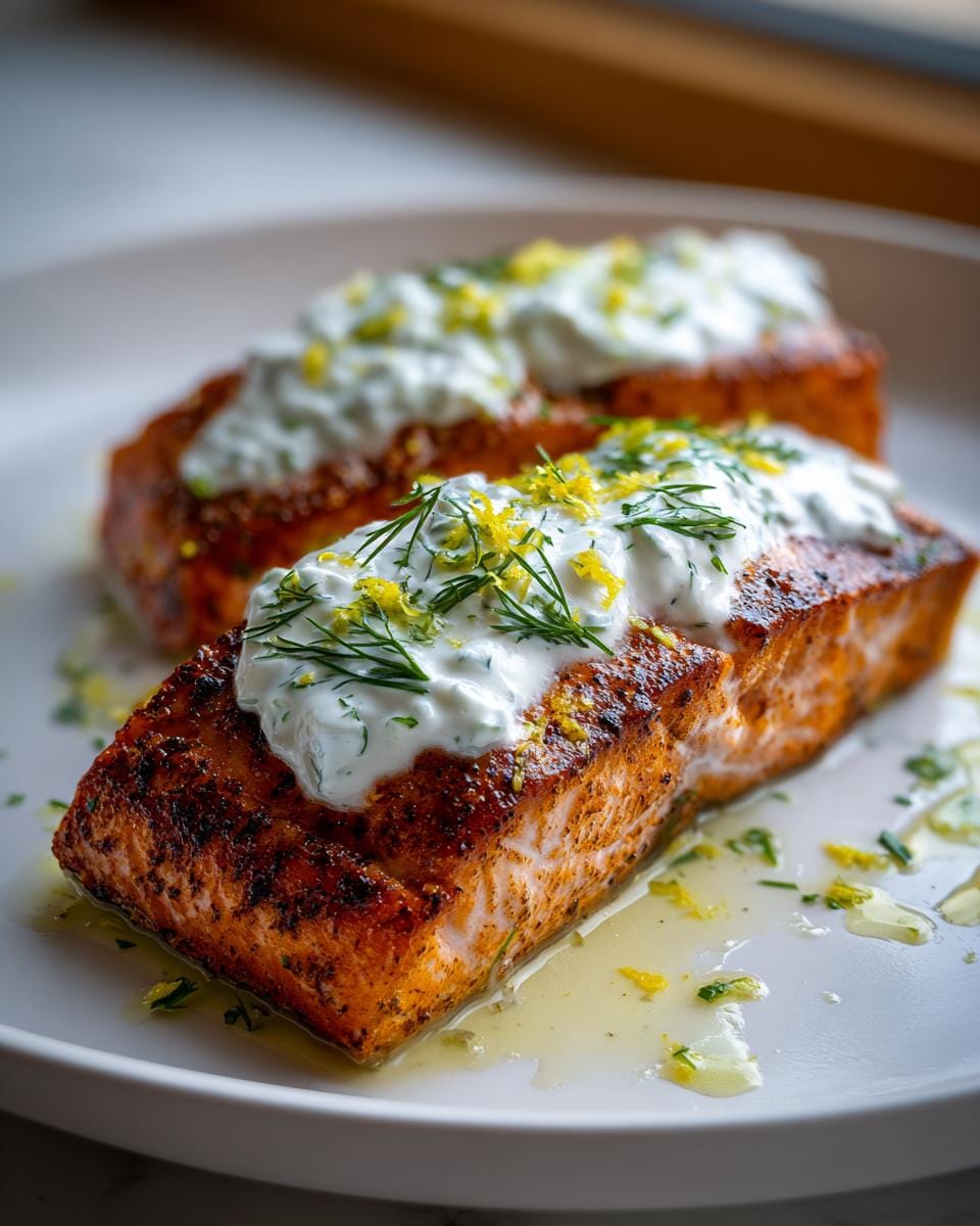 Two perfectly cooked fillets of Greek salmon topped with creamy tzatziki sauce, fresh dill, and lemon zest.