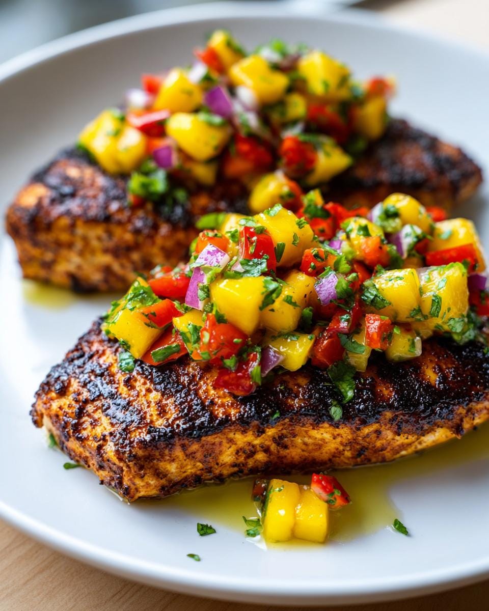 Two pieces of perfectly grilled chicken topped with a vibrant mango salsa, featuring diced mango, red onion, bell peppers, and cilantro.
