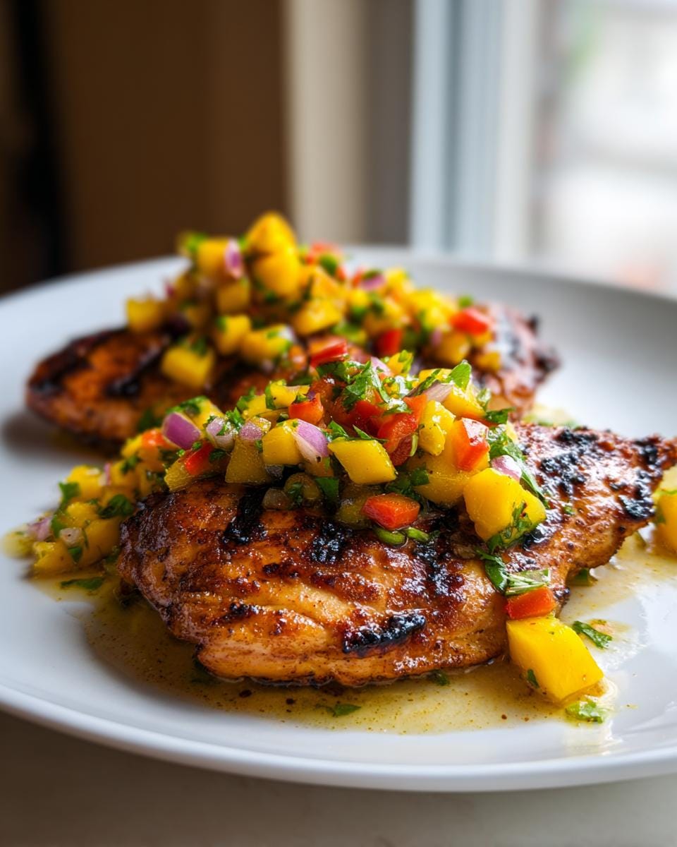 Close-up of two juicy Grilled Chicken breasts topped with a colorful and fresh Mango Salsa.