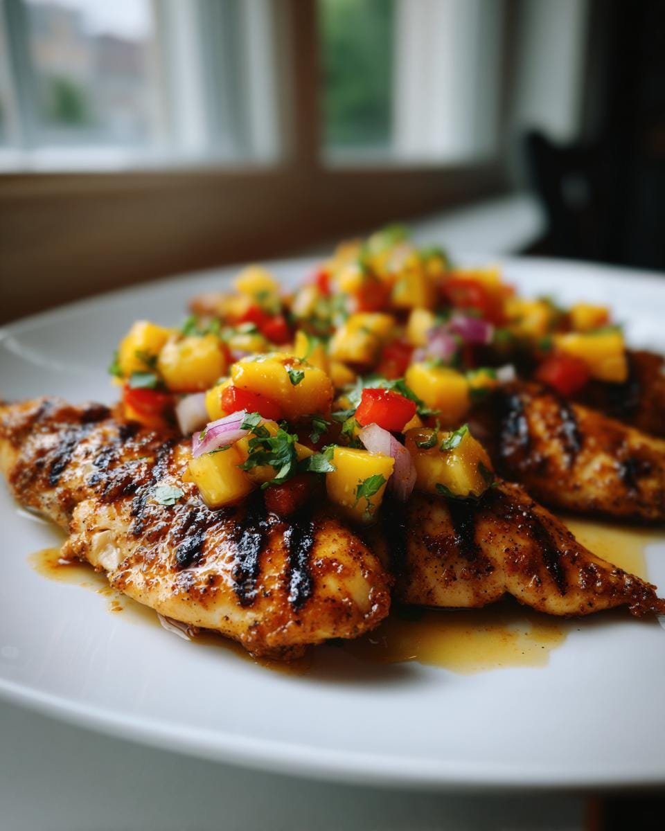 Close-up of perfectly grilled chicken breasts topped with vibrant, fresh mango salsa.
