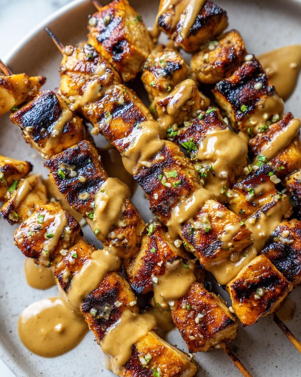 Close-up of delicious grilled chicken skewers generously drizzled with creamy peanut sauce and sprinkled with herbs.