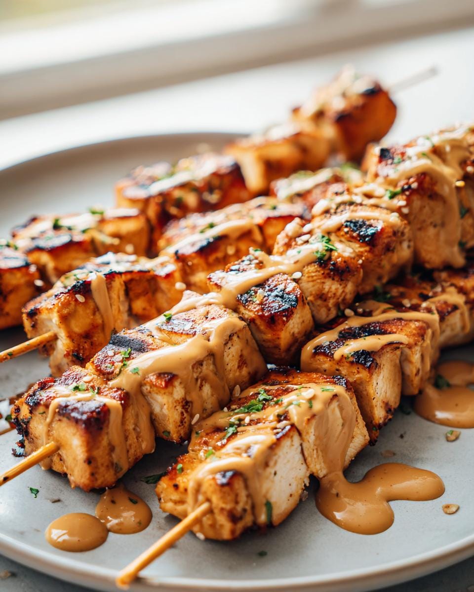 Close-up of grilled chicken skewers drizzled with creamy peanut sauce and sprinkled with sesame seeds and herbs.