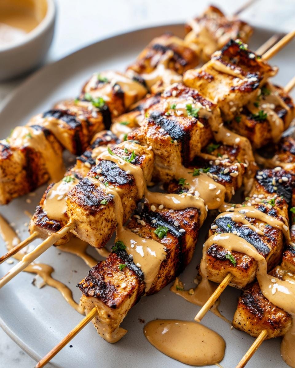 Close-up of grilled chicken skewers drizzled with creamy peanut sauce and sprinkled with sesame seeds and herbs.