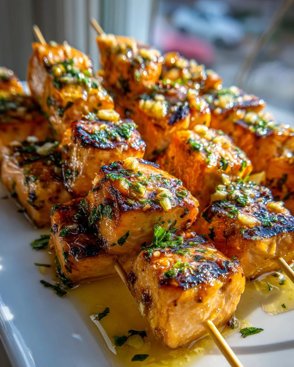 Close-up of perfectly grilled salmon skewers, glistening with a herb and garlic glaze.