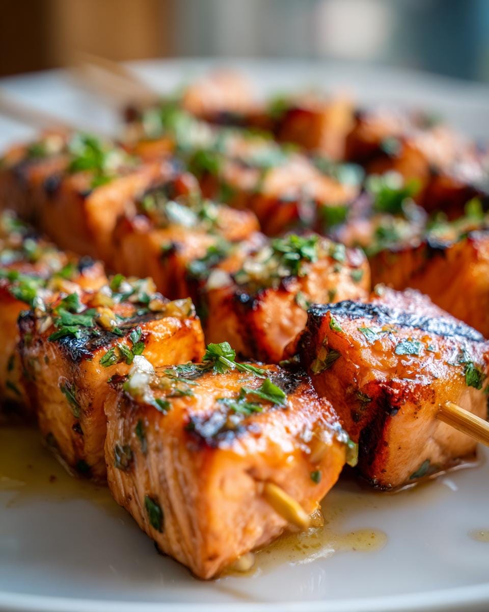 Close-up of perfectly grilled salmon skewers, glistening with sauce and sprinkled with fresh herbs.