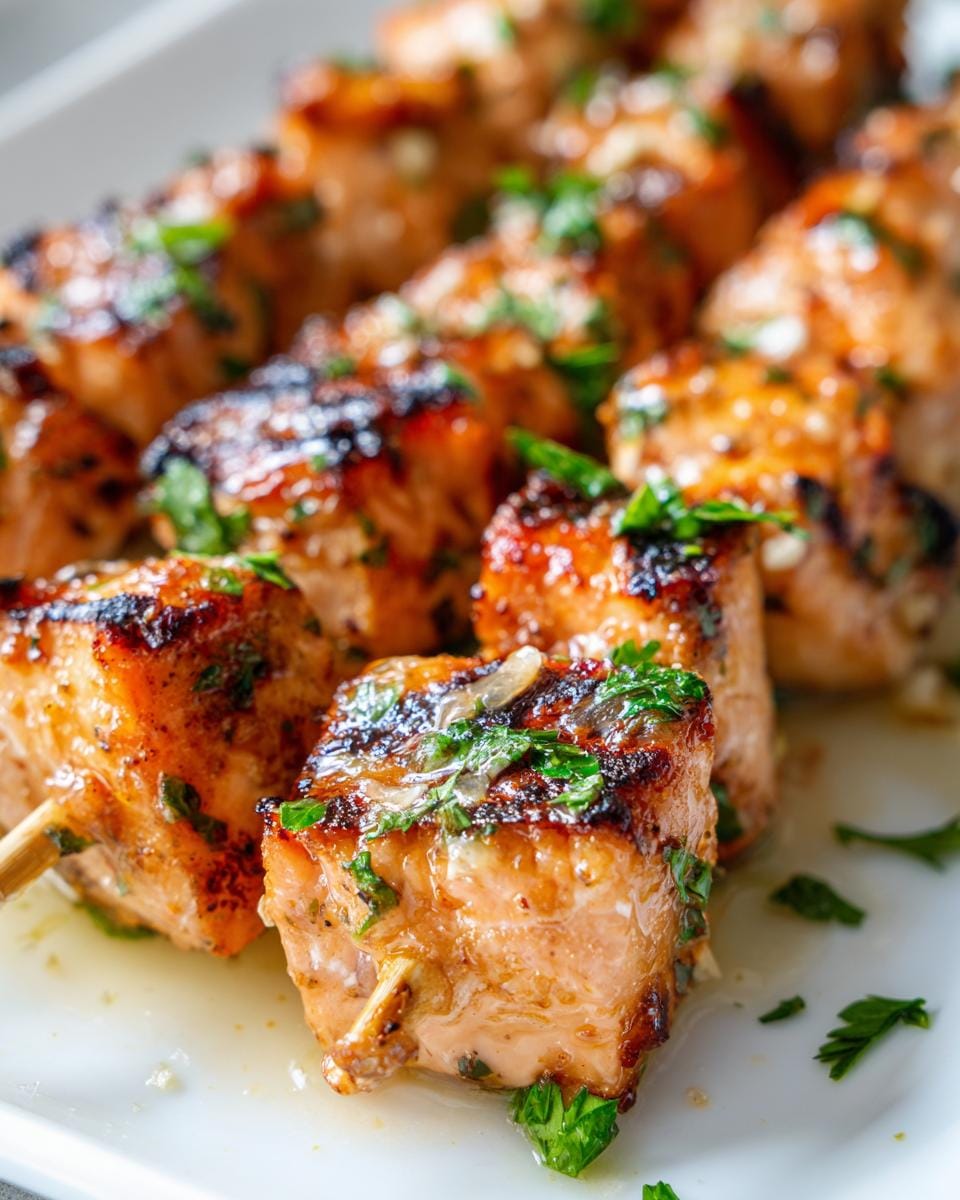 Close-up of perfectly grilled salmon skewers, glistening with sauce and sprinkled with fresh parsley.