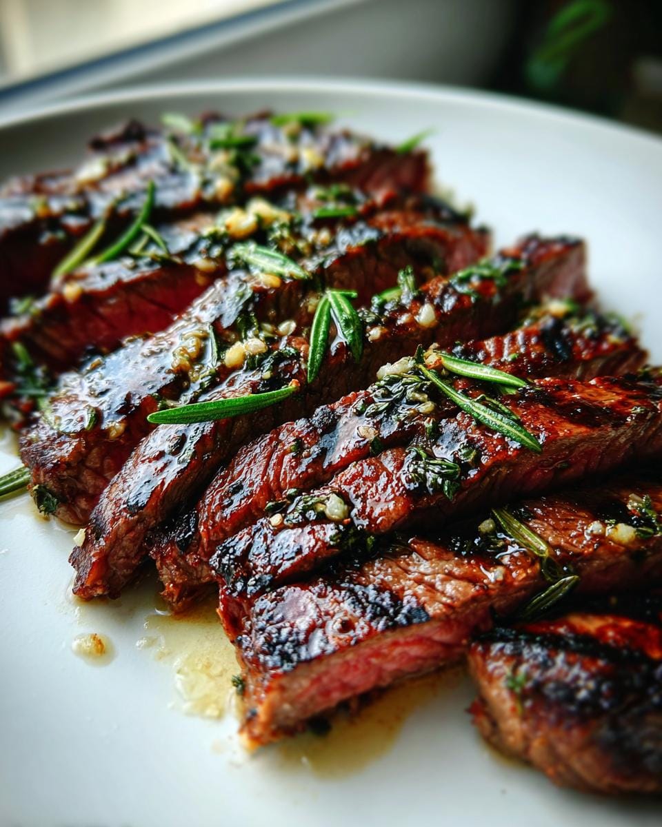 Close-up of sliced grilled sirloin steak with fresh herbs and garlic, glistening with juices.