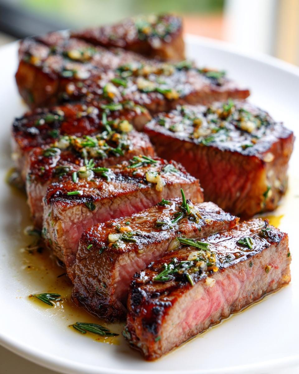 Close-up of sliced Grilled Sirloin Steak with Herbs, showing a perfect medium-rare interior and herb butter.