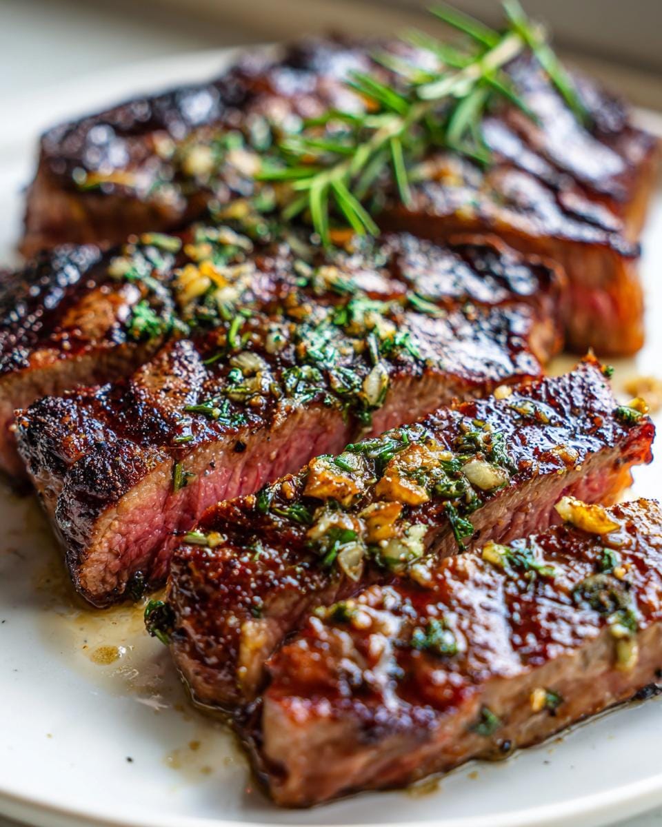 Close-up of sliced Grilled Sirloin Steak with Herbs, showing juicy pink interior and herb topping.
