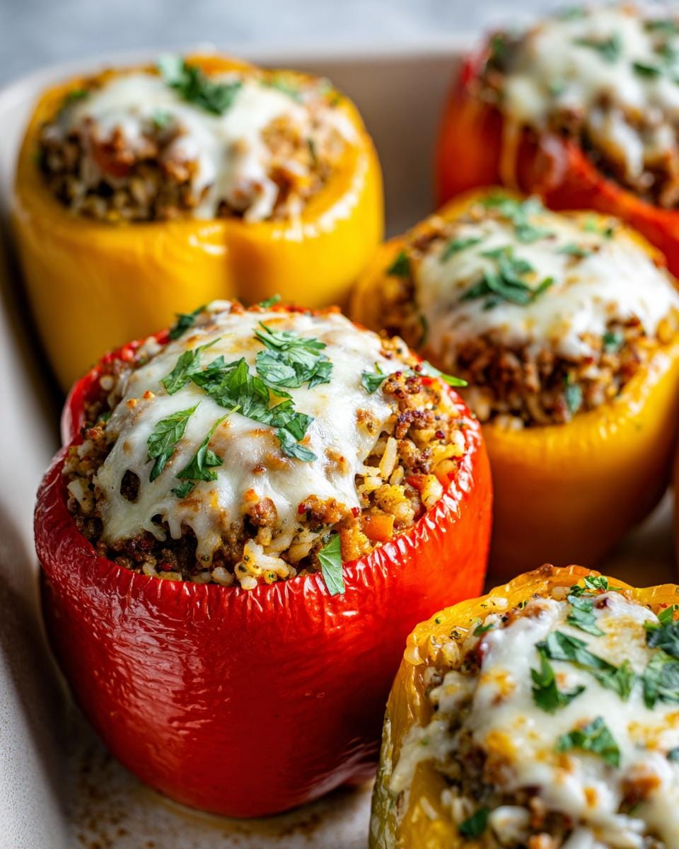Close-up of baked ground turkey stuffed peppers topped with melted cheese and parsley.