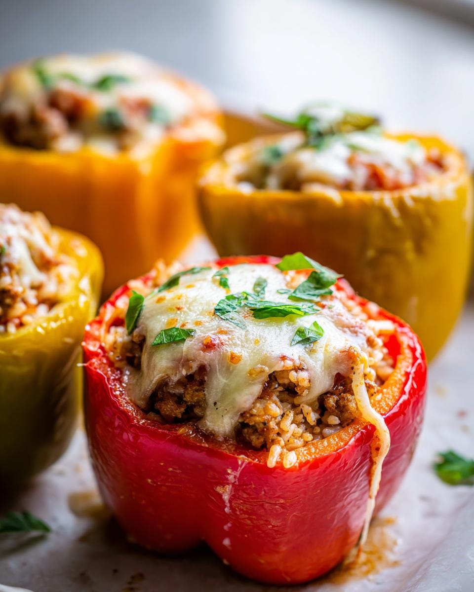 Close-up of a red bell pepper stuffed with ground turkey and rice, topped with melted cheese and herbs.