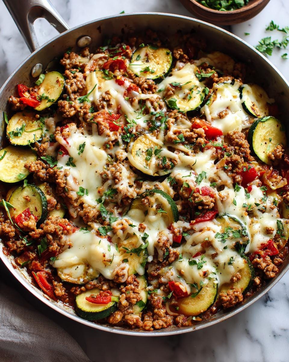 A close-up overhead view of a ground turkey zucchini skillet topped with melted cheese and fresh parsley.