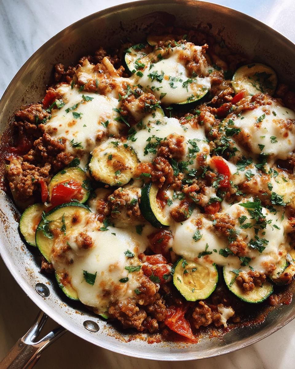 A close-up overhead view of a ground turkey zucchini skillet topped with melted cheese and fresh parsley.