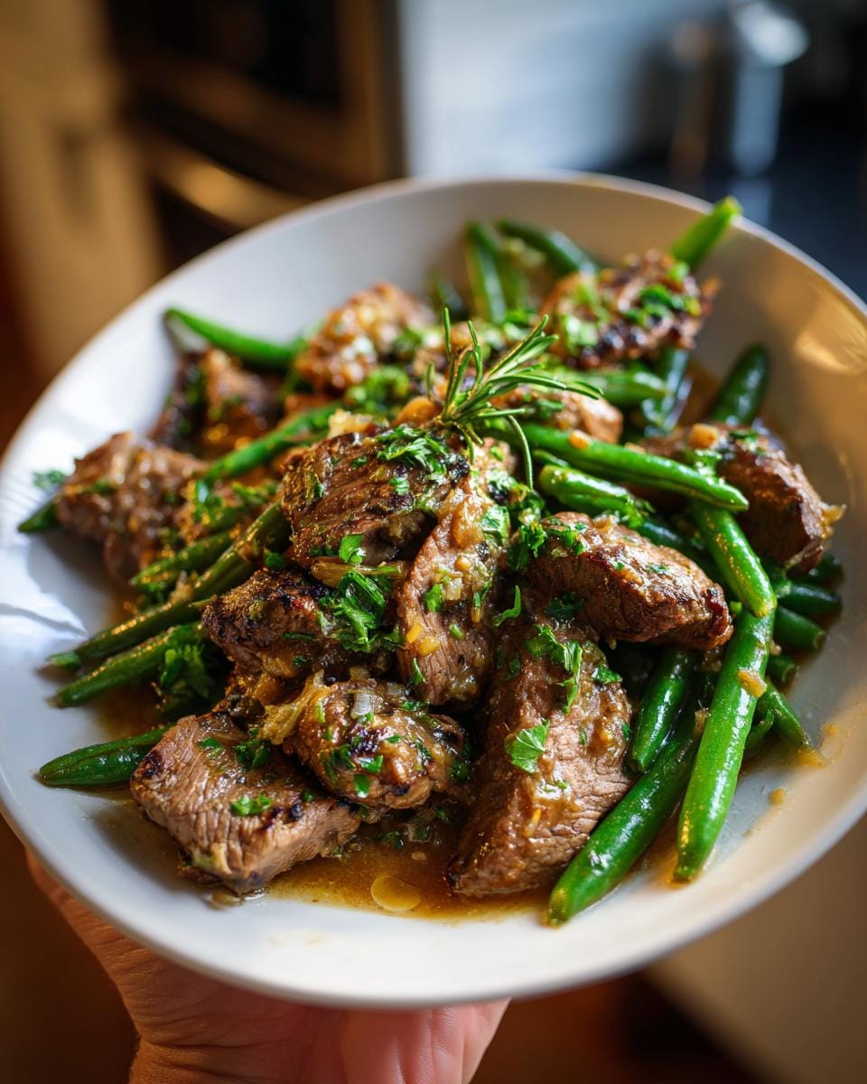 A close-up of a high protein beef skillet dish with tender beef slices and vibrant green beans, garnished with fresh herbs.