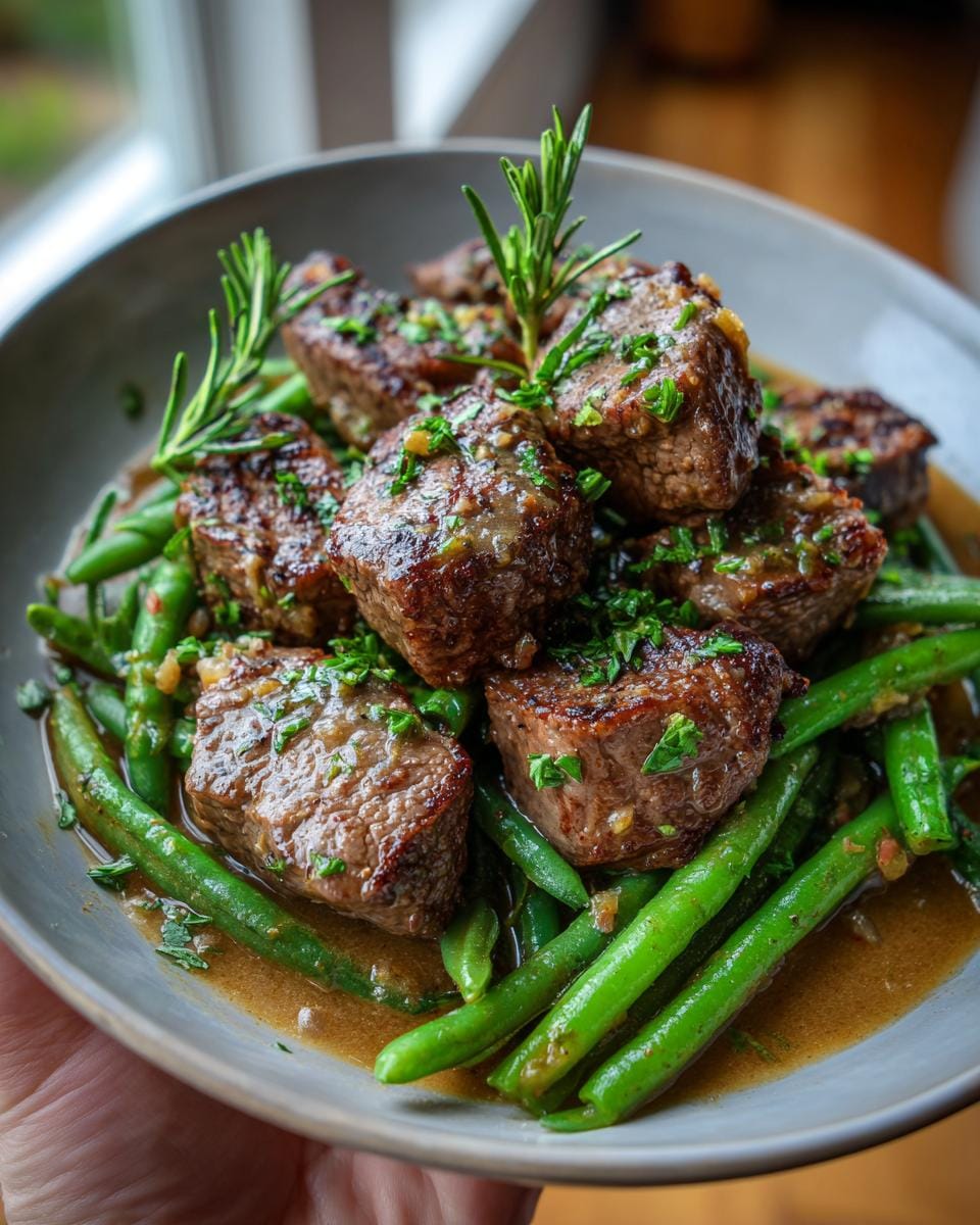 A close-up of a high protein beef skillet featuring tender beef cubes and crisp green beans in a savory sauce, garnished with rosemary.