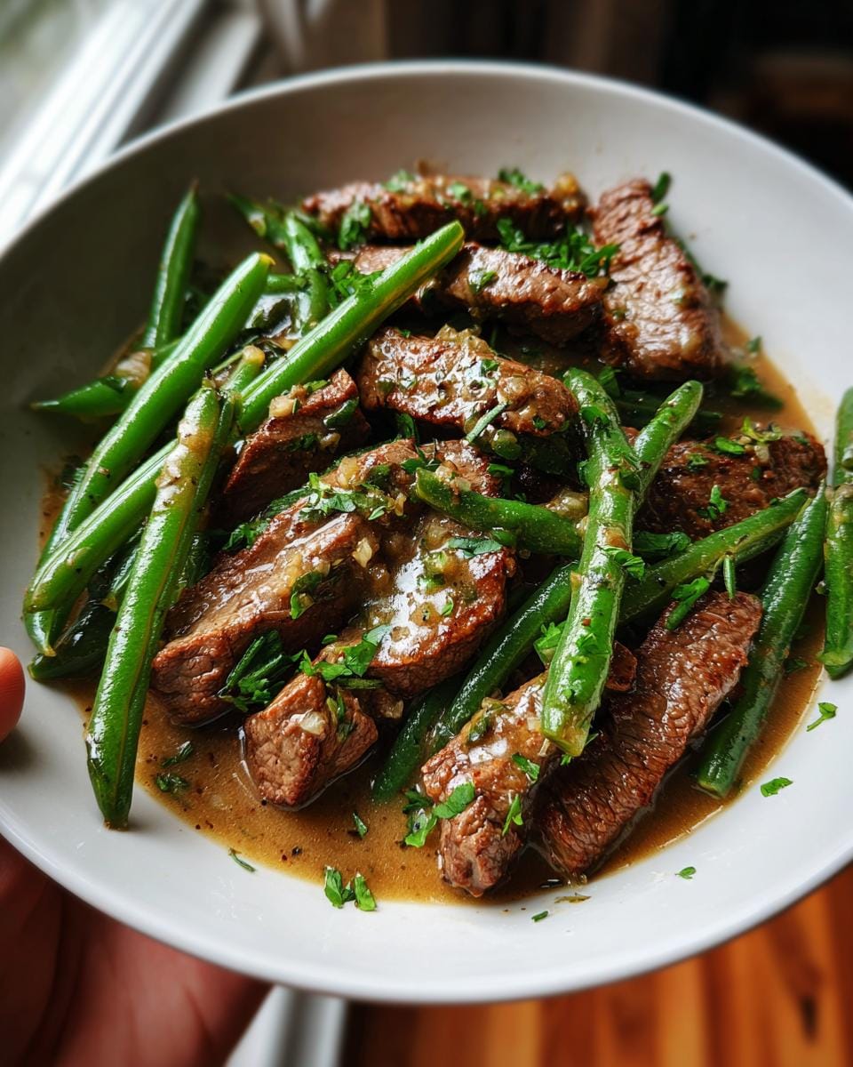 A close-up of a high protein beef skillet dish featuring sliced steak and bright green beans in a savory sauce, garnished with parsley.
