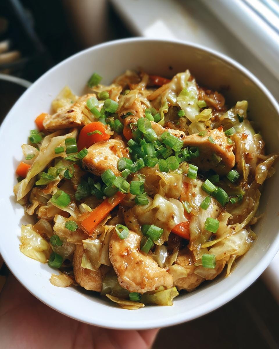 A close-up of a white bowl filled with high protein cabbage chicken stir fry, garnished with chopped green onions.