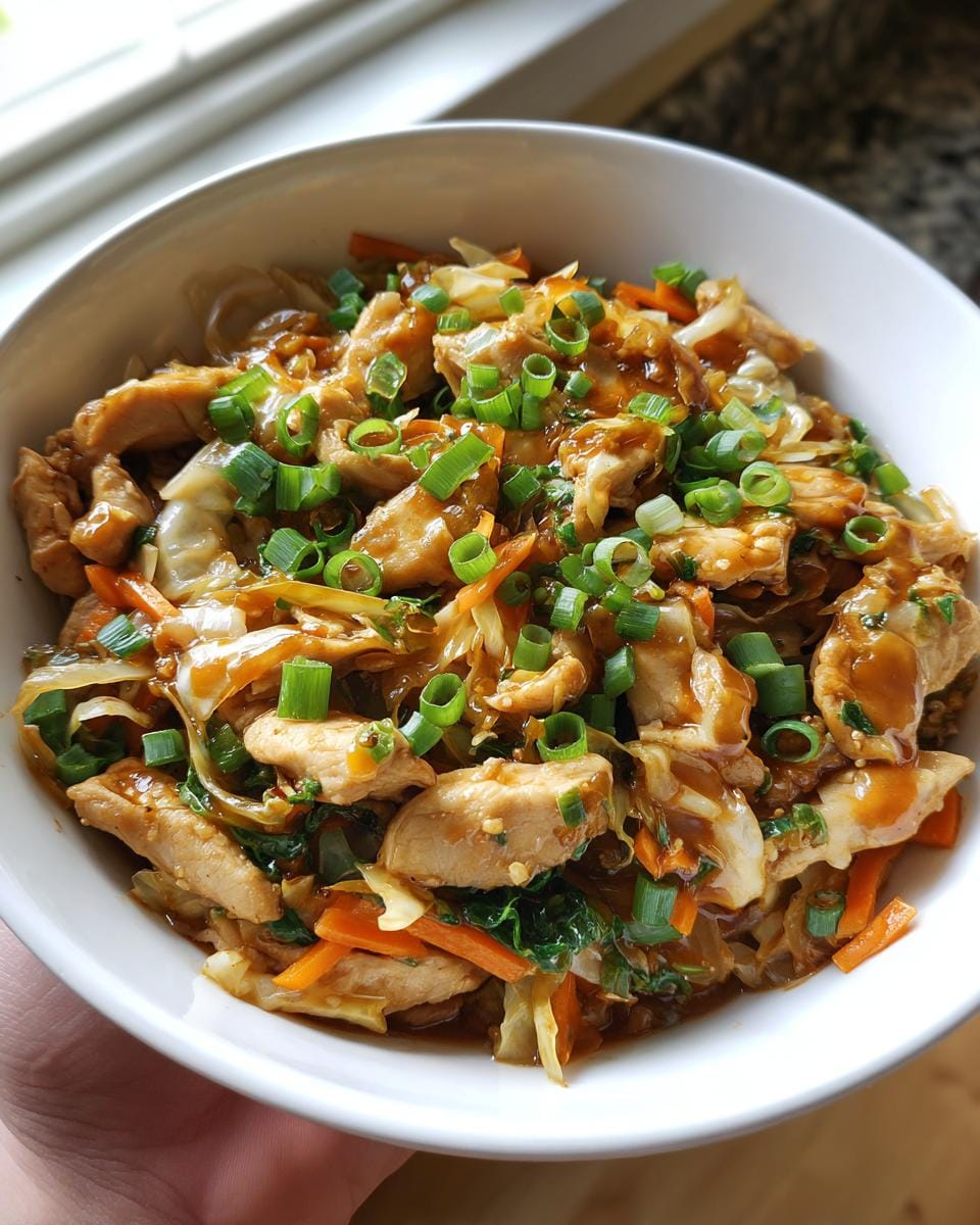 A bowl of high protein cabbage chicken stir fry, garnished with chopped green onions.