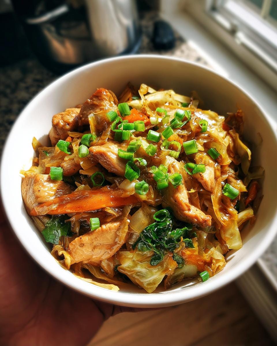 A close-up of a bowl filled with high protein cabbage chicken stir fry, garnished with chopped green onions.
