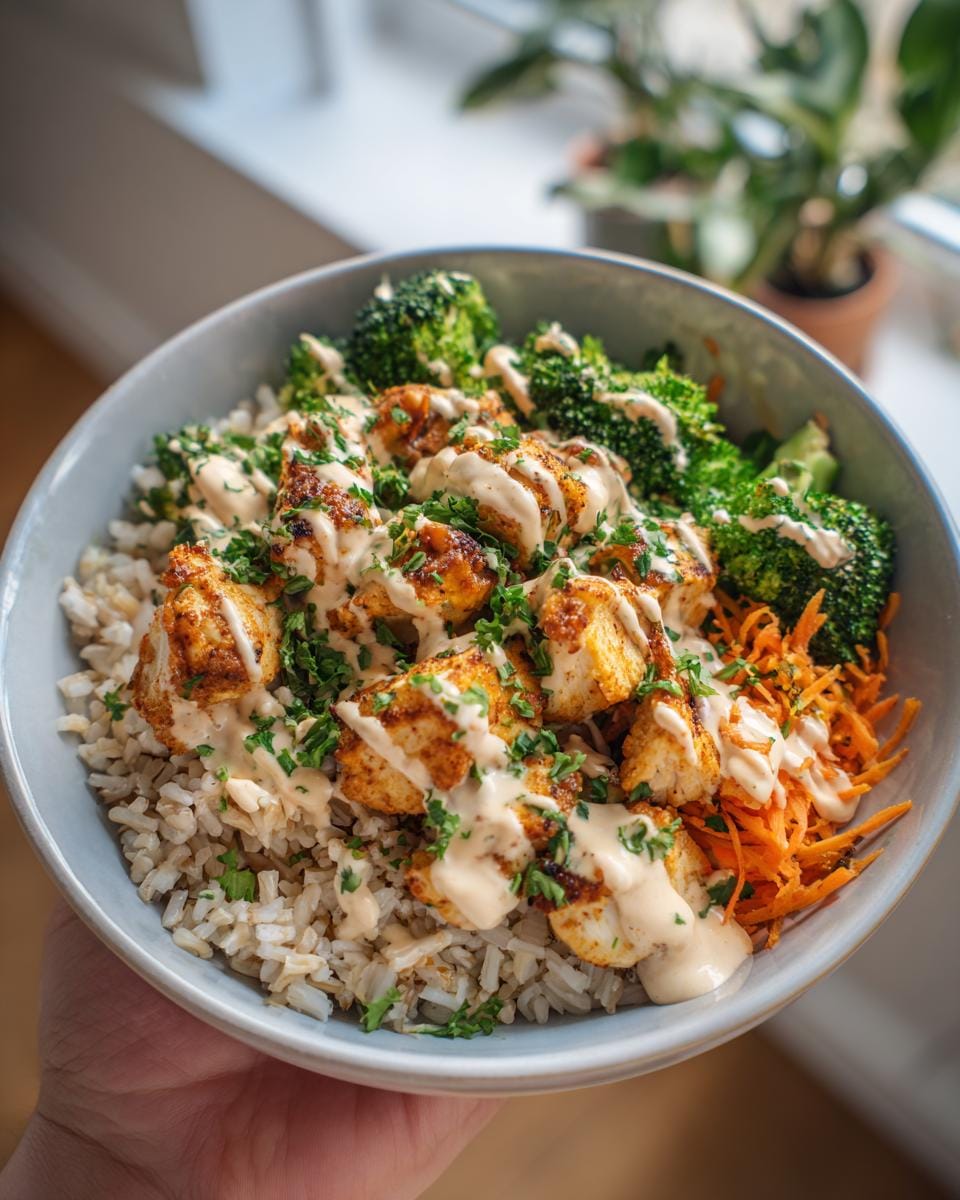 A close-up of a high protein comfort bowl filled with brown rice, seasoned chicken pieces, steamed broccoli, shredded carrots, and a creamy sauce, garnished with parsley.