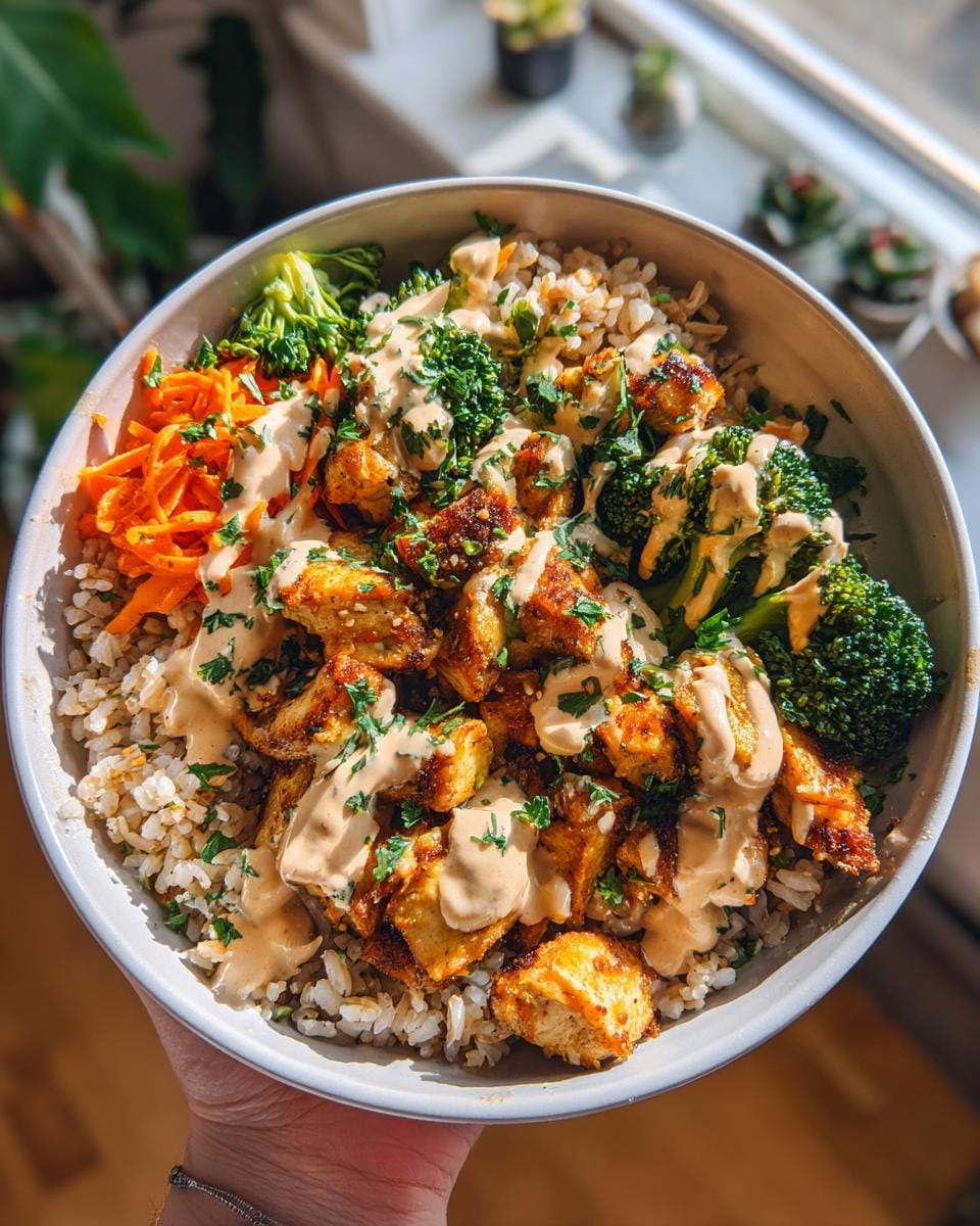 A close-up of a high protein comfort bowl filled with rice, chicken, broccoli, and shredded carrots, drizzled with a creamy sauce.