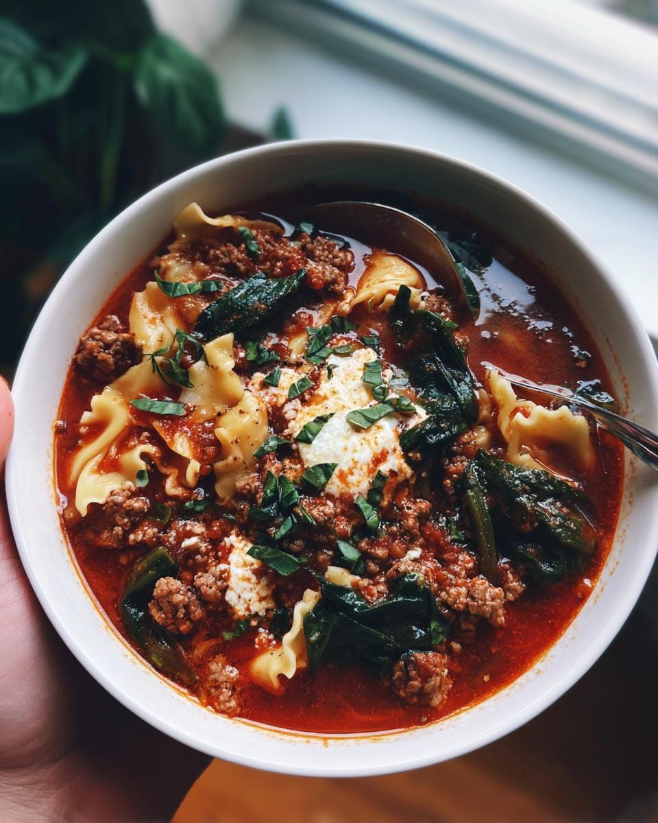 A close-up of a hearty bowl of high protein lasagna soup with ground meat, pasta, spinach, and a dollop of ricotta.