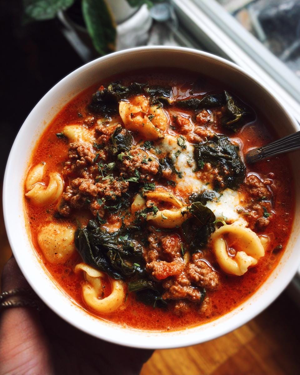 A close-up bowl of high protein lasagna soup filled with tortellini, ground meat, shrimp, and spinach.
