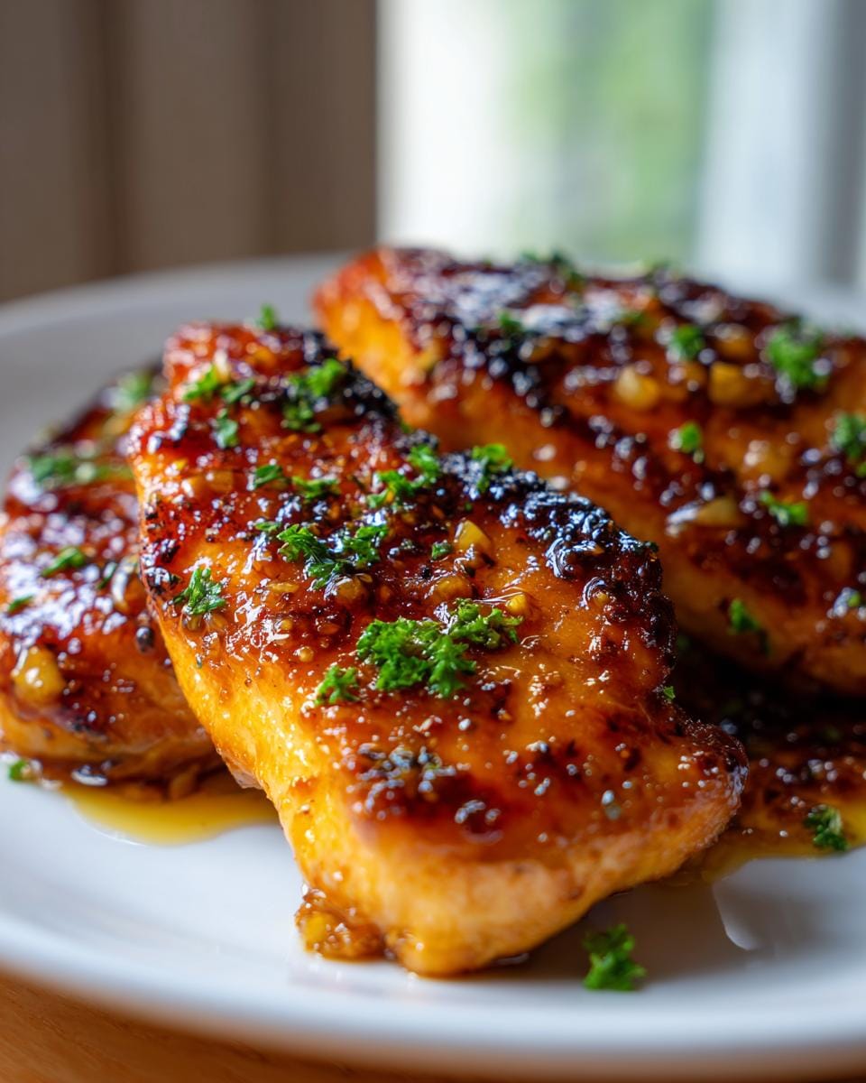 Close-up of three juicy honey garlic chicken breast fillets coated in a glossy sauce and garnished with parsley.