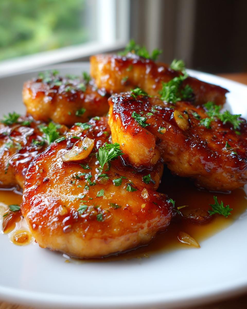 Close-up of succulent honey garlic chicken breast pieces glazed and garnished with parsley.