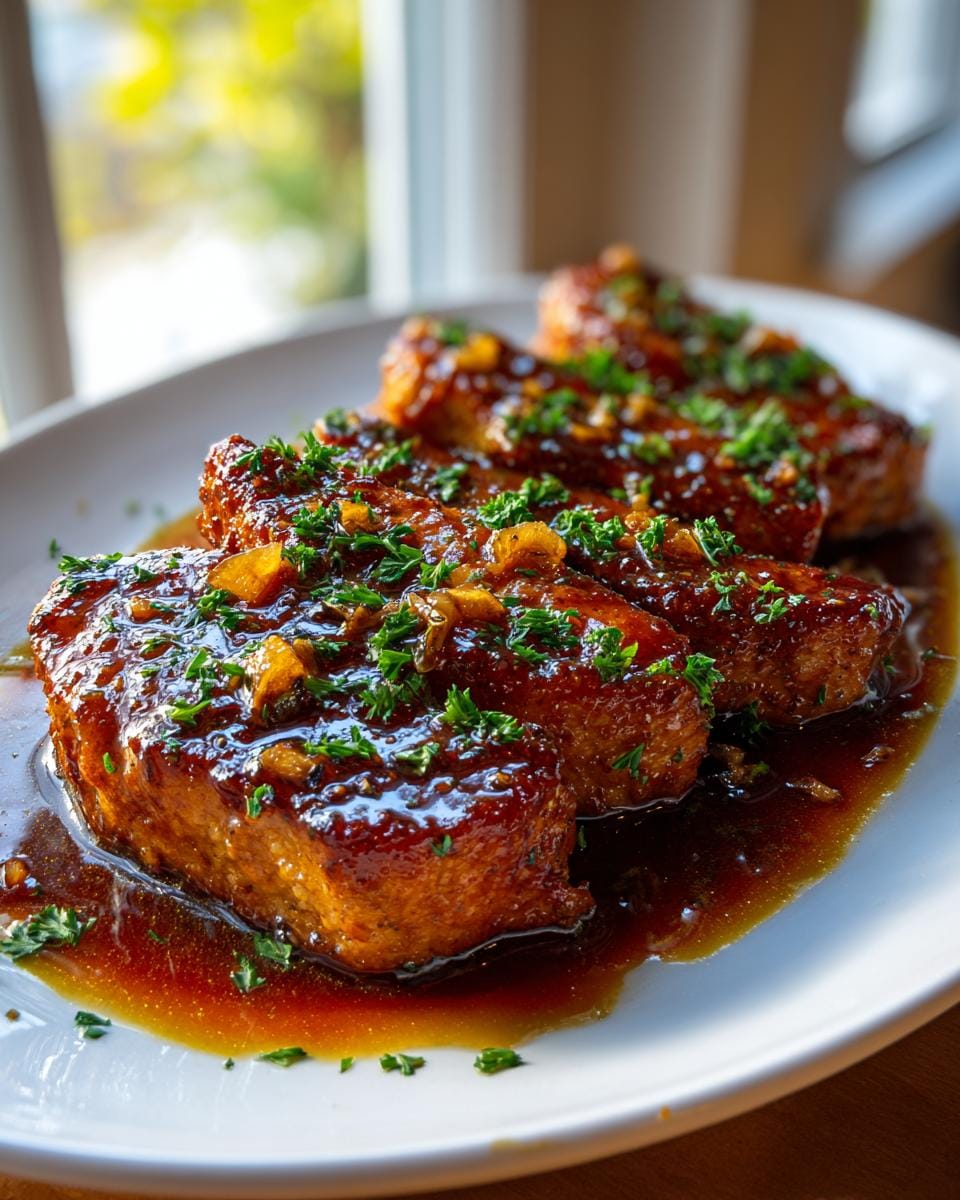 Close-up of several honey garlic chicken breast pieces coated in a glossy sauce and sprinkled with fresh parsley.