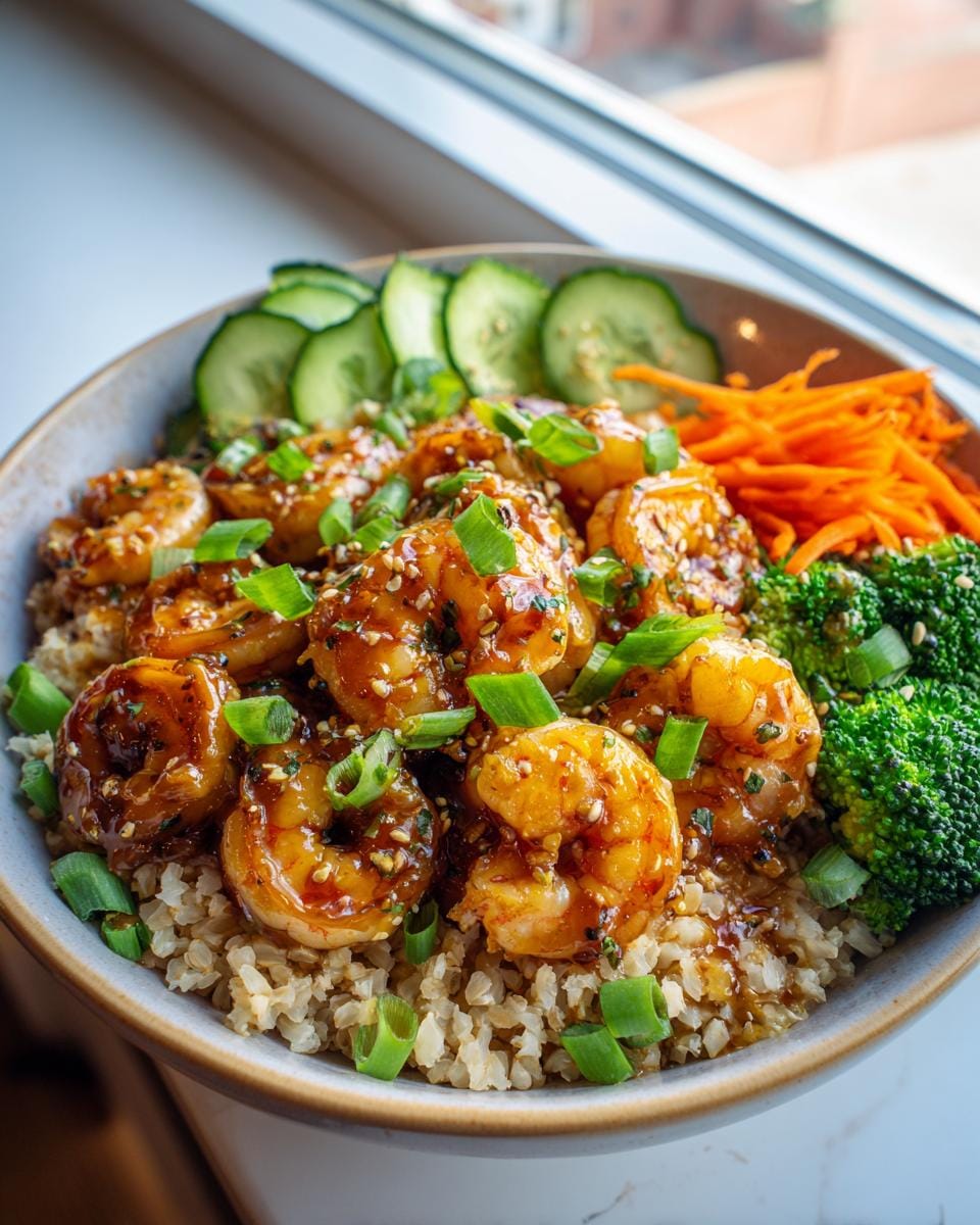 A close-up of a honey garlic shrimp bowl with brown rice, broccoli, shredded carrots, and cucumber slices.