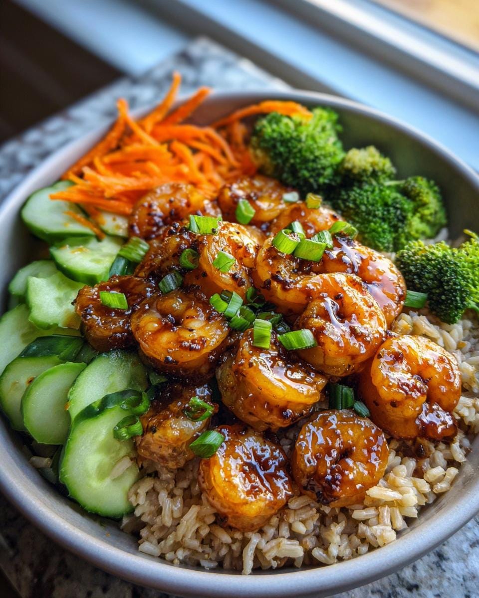 A close-up of a delicious honey garlic shrimp bowl with brown rice, broccoli, cucumber, and shredded carrots.