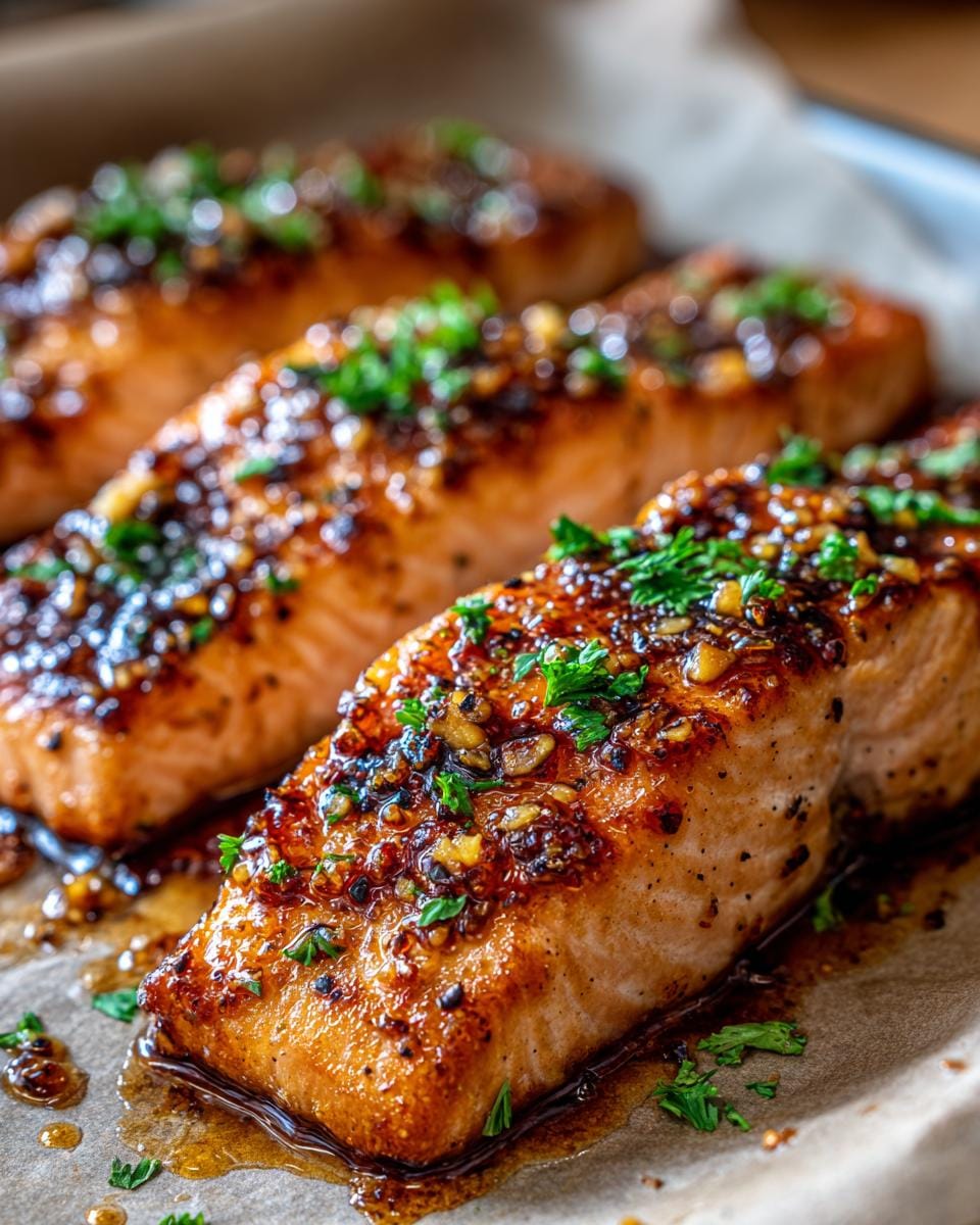 Close-up of three perfectly cooked Honey Glazed Salmon fillets, glistening with sauce and sprinkled with fresh parsley.